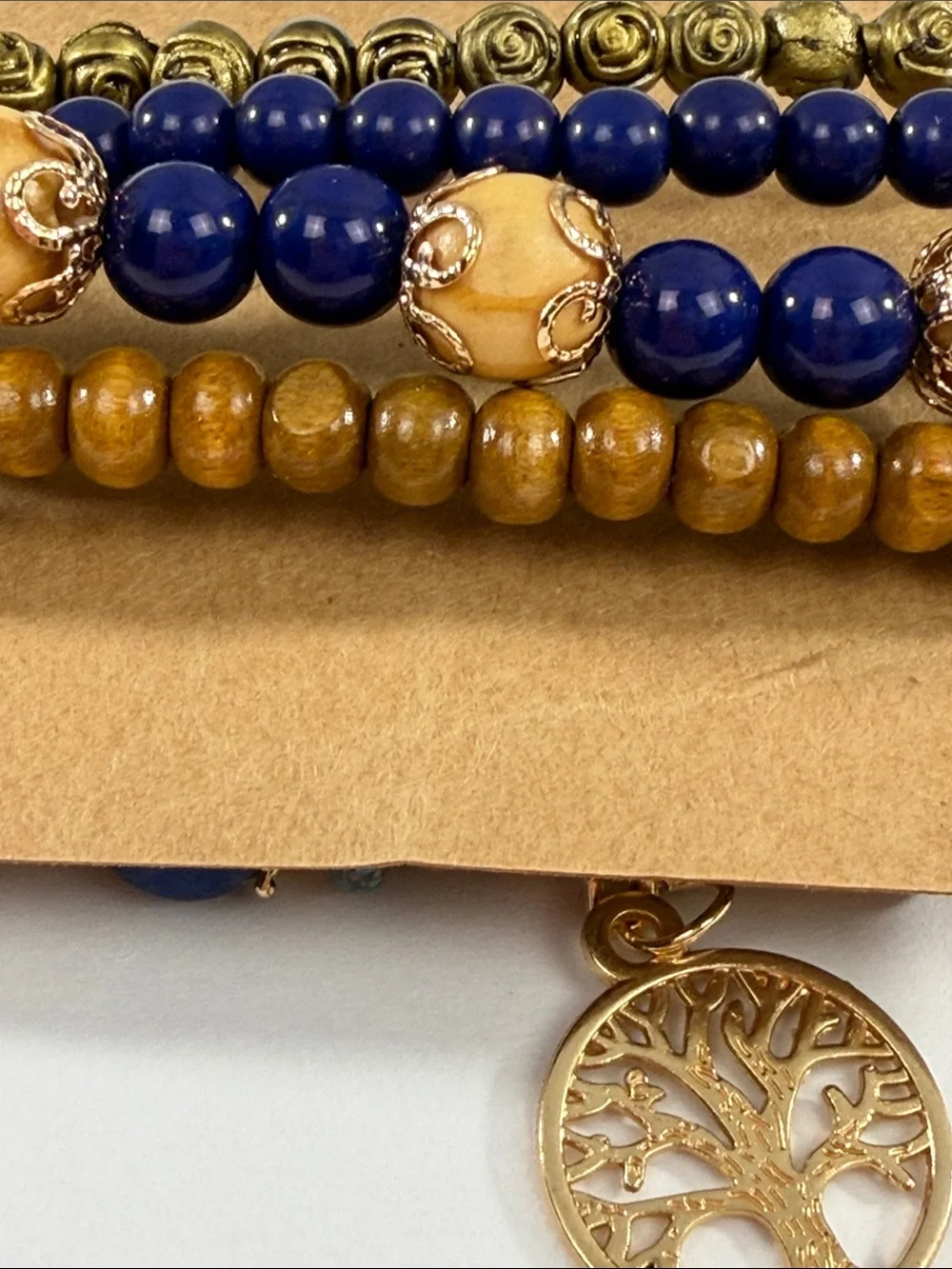 Fashion Jewelry Navy and Brown Beaded Bracelet Stack with Tree Charm